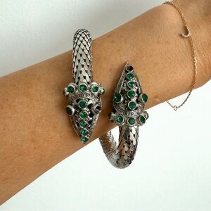Vintage Silver & Green Gemstone Victorian Revival Coiled Snake Bangle Bracelet